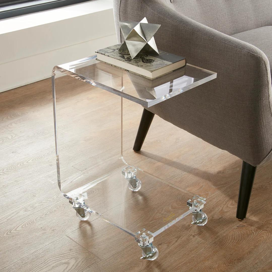 Clarté Acrylic Rolling C-Table with Wheels