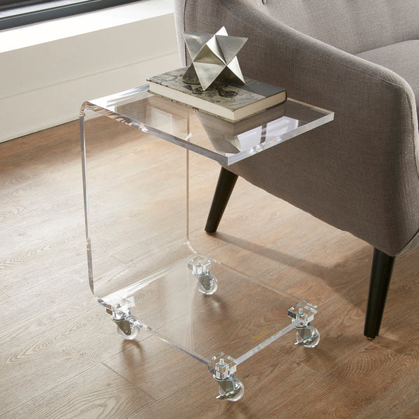 Clarté Acrylic Rolling C-Table with Wheels